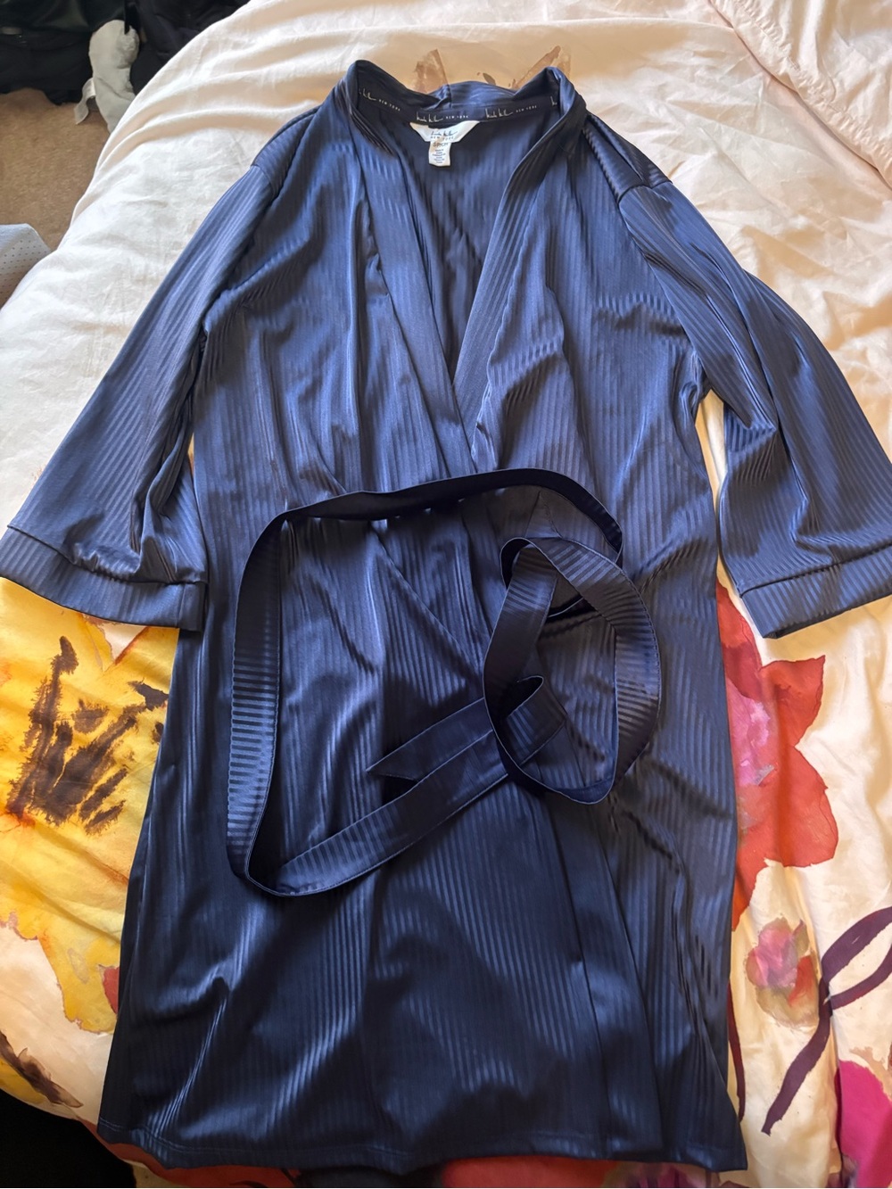 Nicole Miller Navy Silk Like Robe with Tie
